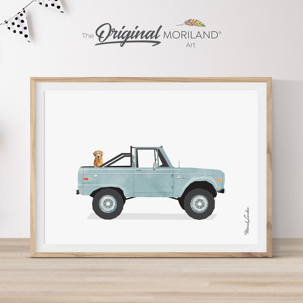 Pale Blue Classic Ford Bronco Truck with Golden Retriever Dog Print - Printable Art, Classic Car with Dog Print, Golden Retriever in Pickup Truck Wall Art, Pet Printable Poster, Pet Memorial Gift, Pet Portrait, Golden Retriever | MORILAND®