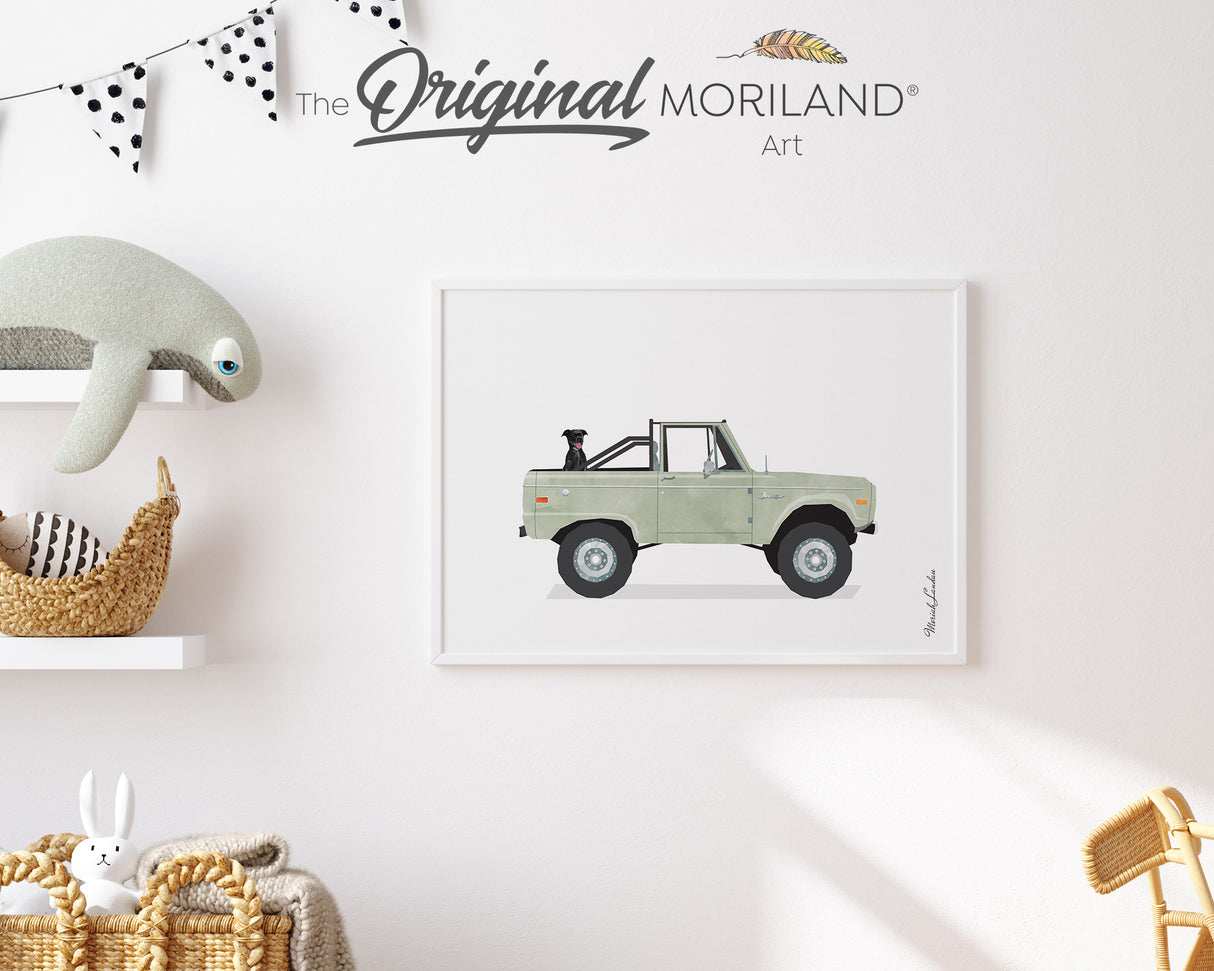 Sage Green Classic Truck with Black Labrador Dog Print - Printable Art