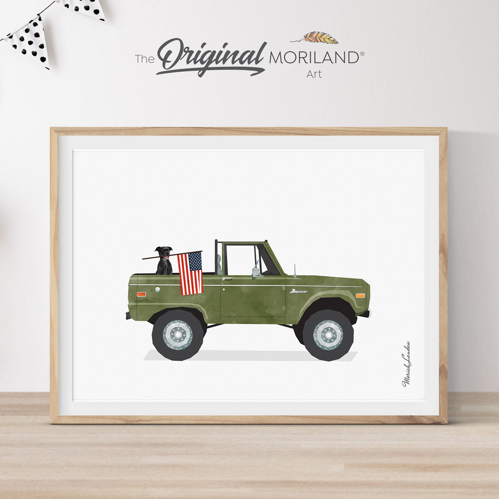 Army Green Classic Bronco Truck with Black Labrador Holding American Flag Dog Print - Printable Art, Car Wall Art, 4th of July Decoration, America Independence Day, Pet Printable Poster, Pet Memorial Gift, Pet Portrait Decor | MORILAND®