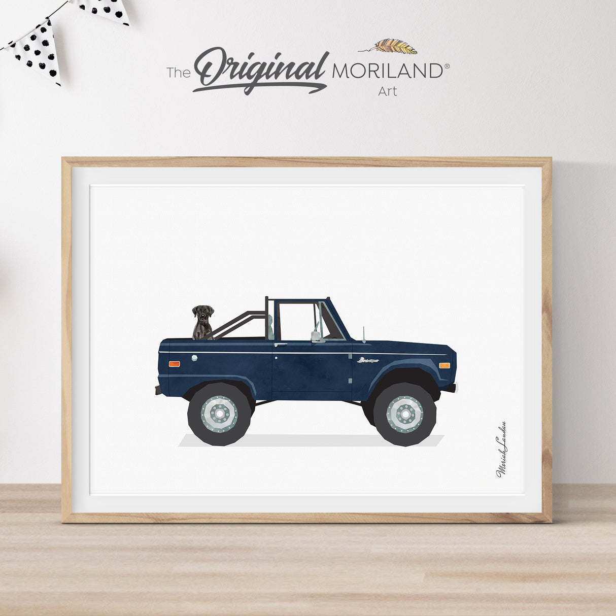 Navy Blue Classic Bronco Truck With Black Labrador Dog Print - Printable Art