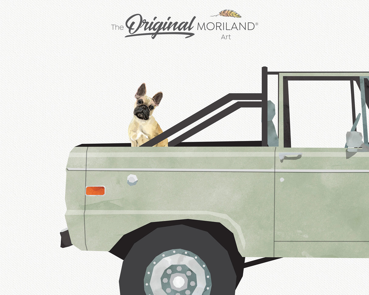 Sage Green Classic Truck with Fawn French Bulldog Dog Print - Printable Art