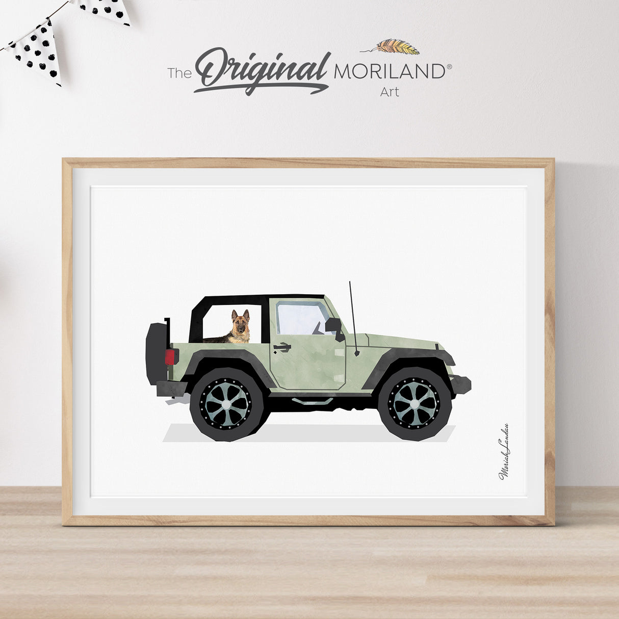 Sage Green Jeep with German Shepherd Dog Print - Printable Art, German Shepherd Wall Art, Pet Printable Poster, Pet Memorial Gift, Pet Portrait, Dog Gift, Nursery Decor | MORILAND®