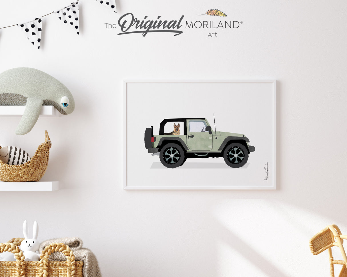 Sage Green Classic SUV with German Shepherd Dog Print - Printable Art