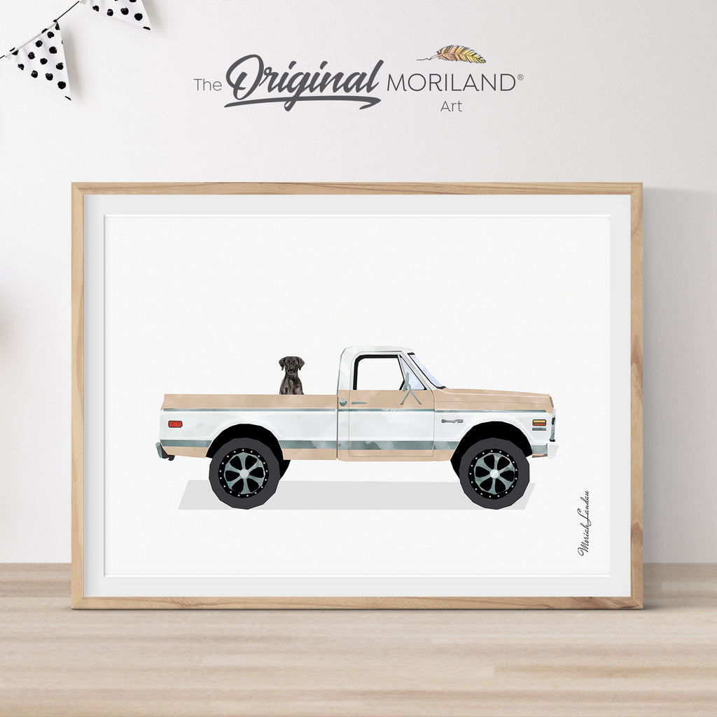 Beige Classic Truck with Black Labrador Dog Print - Printable Art, Black Lab in Pickup Truck Wall Art, Pet Printable Poster, Pet Memorial Gift, Pet Portrait | MORILAND®