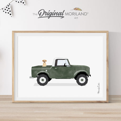 International Scout 1964, Dark Green Old Truck With Labrador Retriever Dog Print - Printable Art, nursery decor, pet loss memorial gift