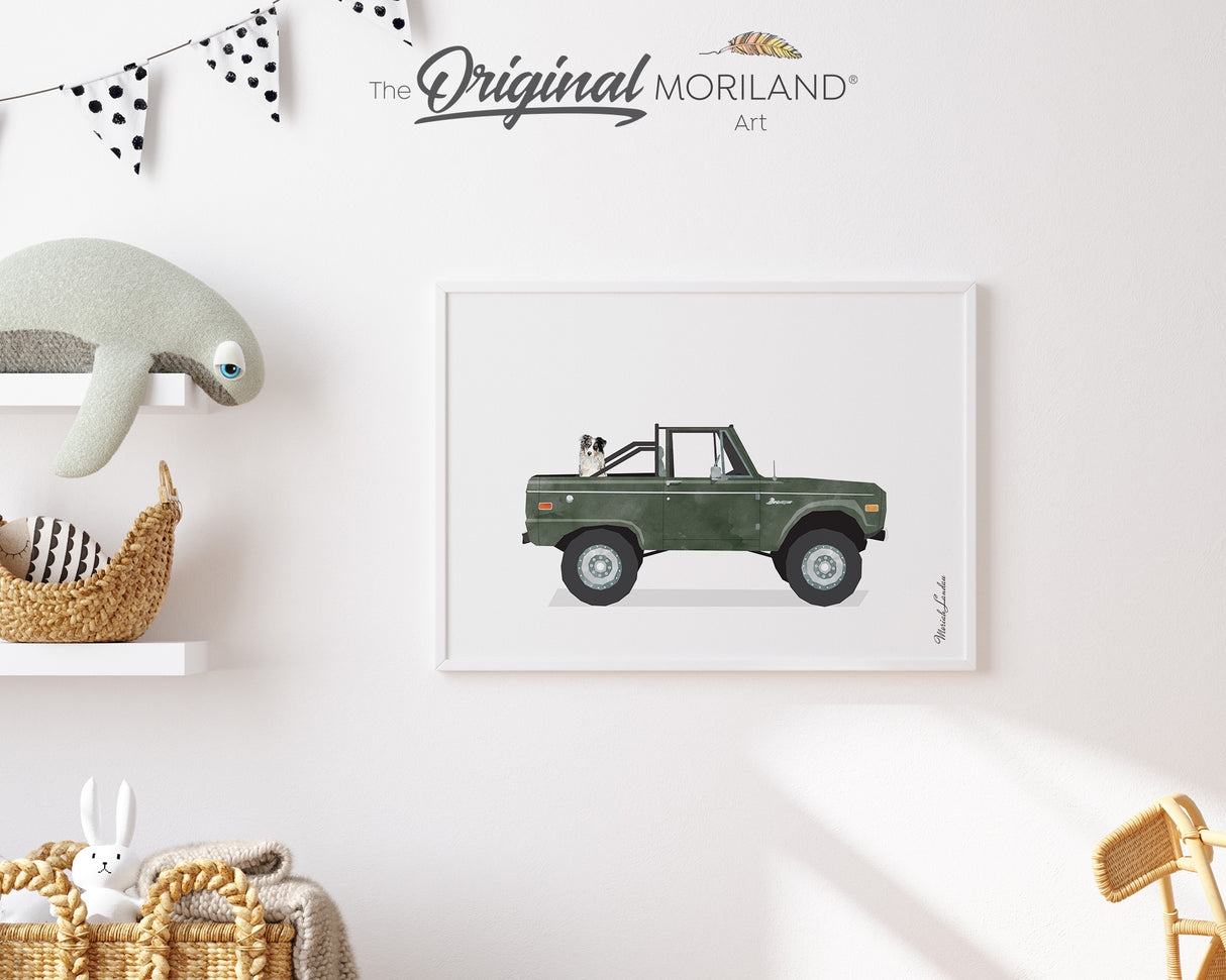 Dark Green Classic Truck with Australian Shepherd Dog Print - Printable Art