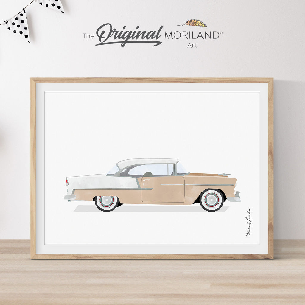 Beige & White Classic 1955 Chevy Sedan Car Print - Printable Art, Boy Nursery Decor, Car Wall Art, Transportation Decor, Car Printable, Big Boy Room Decor | MORILAND®