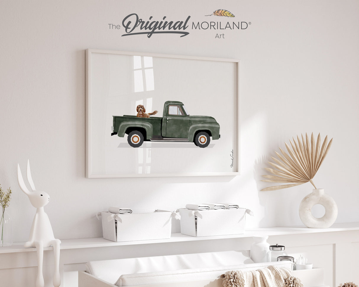 Dark Green Old Truck with Brown Goldendoodle Dog Print - Printable Art