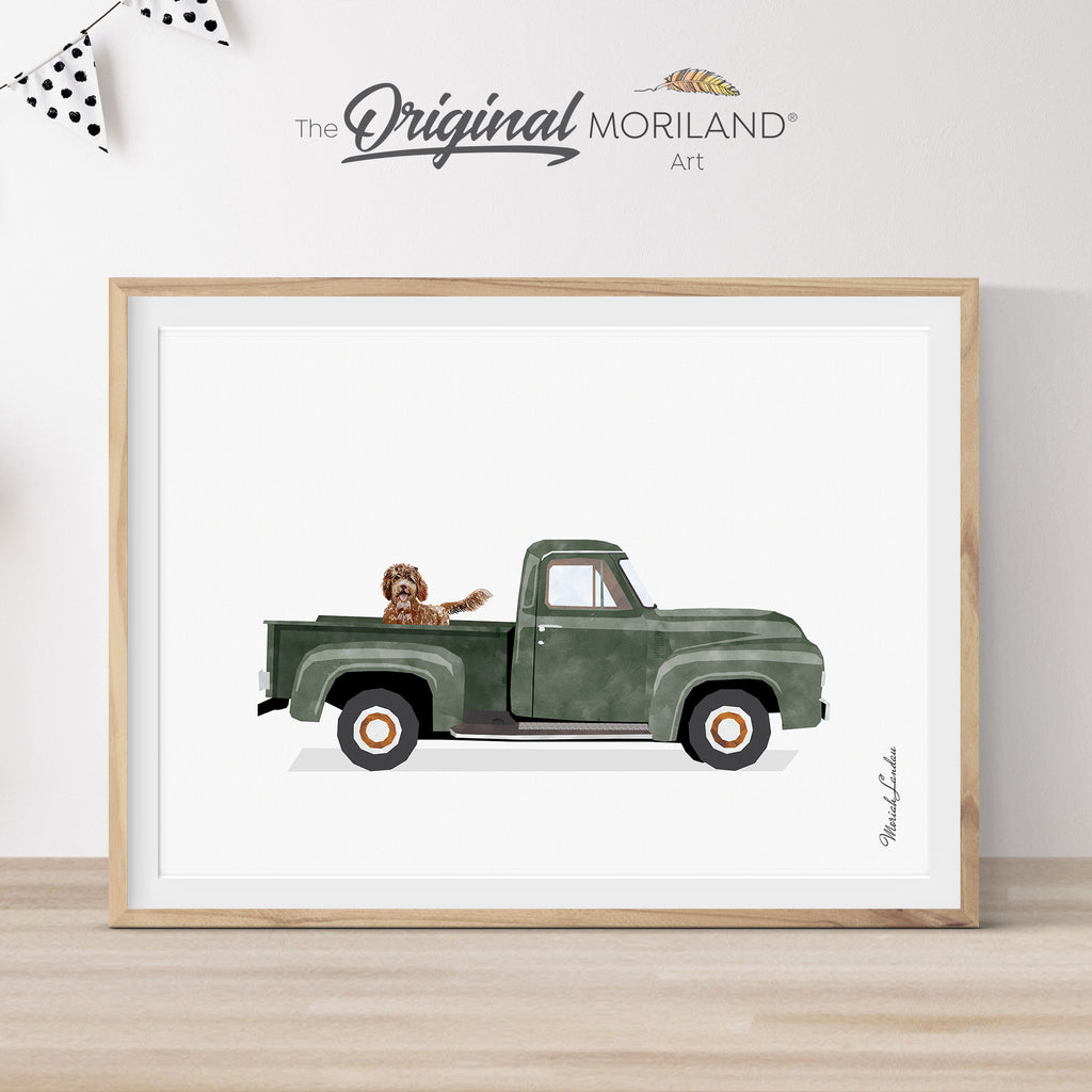 Dark Green Old Ford F-100 Truck with Brown Goldendoodle Dog Print - Printable Art, Nursery Décor, Pet Loss Memorial Gift
