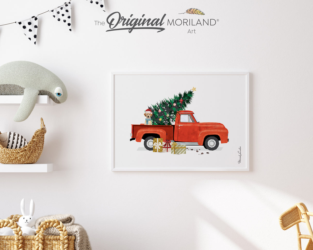 Red Old Christmas Truck with Labrador Retriever Dog Print - Printable Art