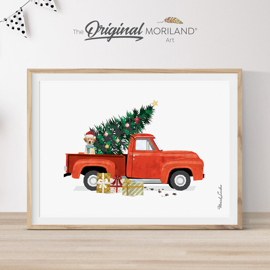 Red Old Christmas Truck with Labrador Retriever Dog Print - Printable Art