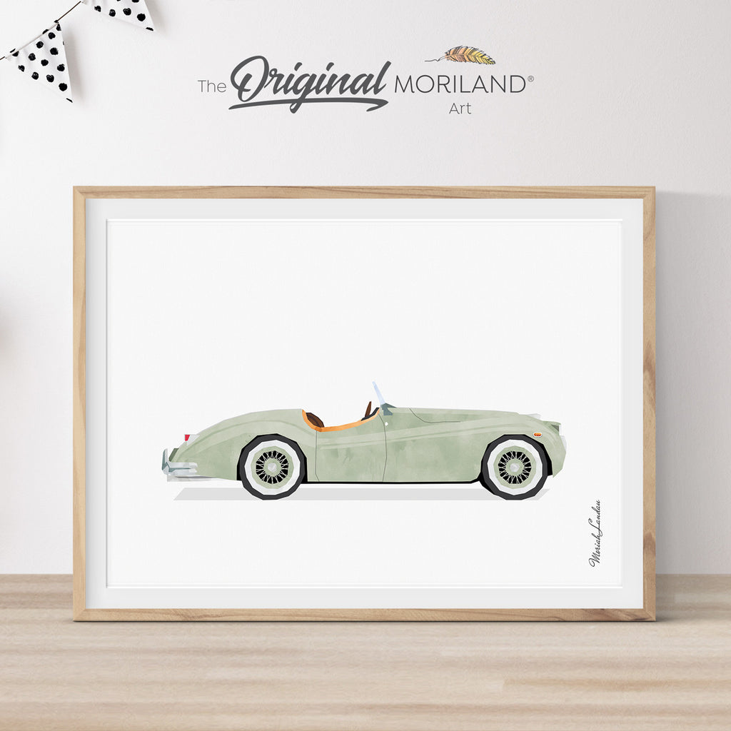 Sage Green Classic Jaguar Convertible Car Print - Printable Art, Boy Nursery Decor, Car Wall Art, Transportation Decor, Car Printable, Big Boy Room Decor | MORILAND®