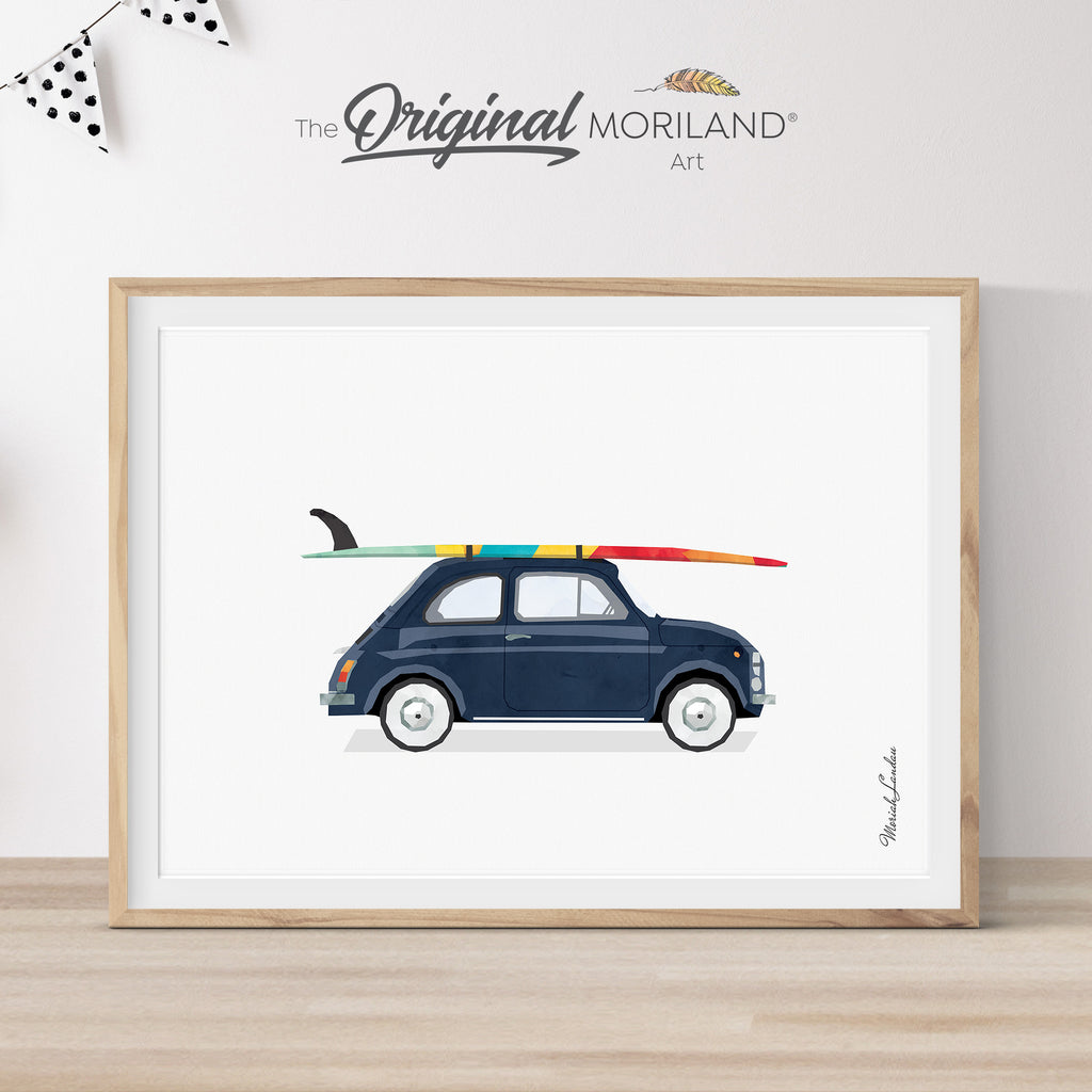 Navy Blue Fiat 500 Car with Surfboard Print - Printable Art