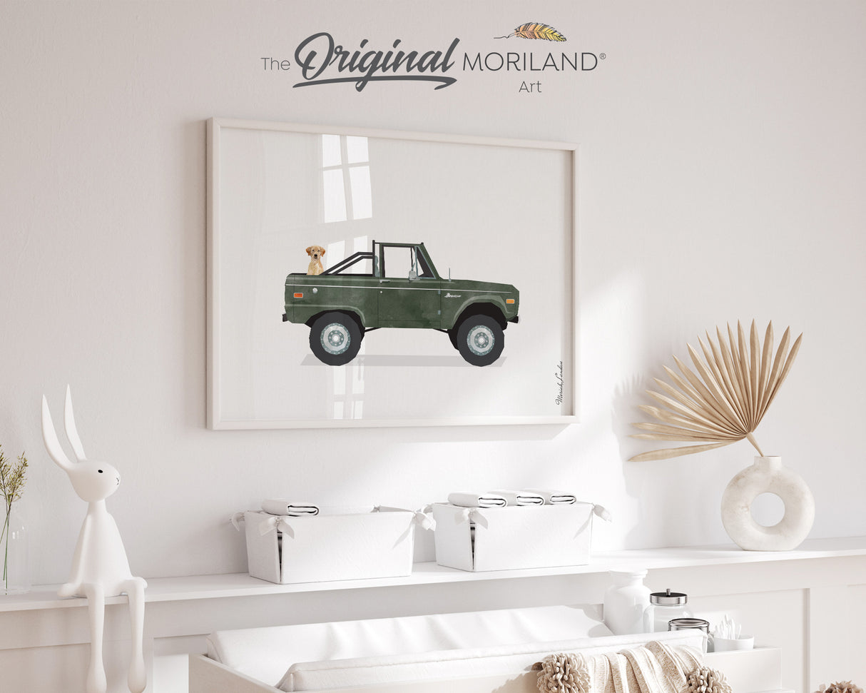 Dark Green Classic Truck With Labrador Retriever Dog Print - Printable Art