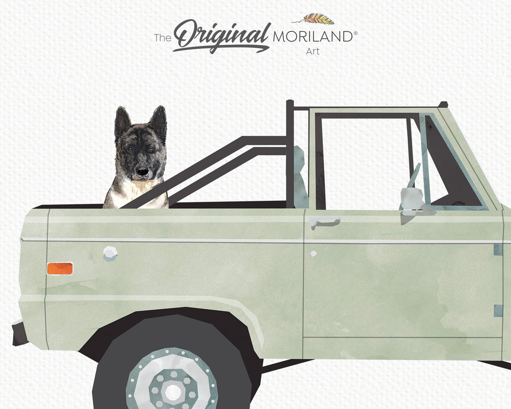 Sage Green Classic Ford Bronco Truck with American Akita Dog Print - Printable Art