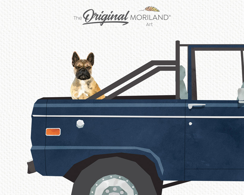 Navy Blue Classic Bronco Truck with French Bulldog Dog Print - Printable Art