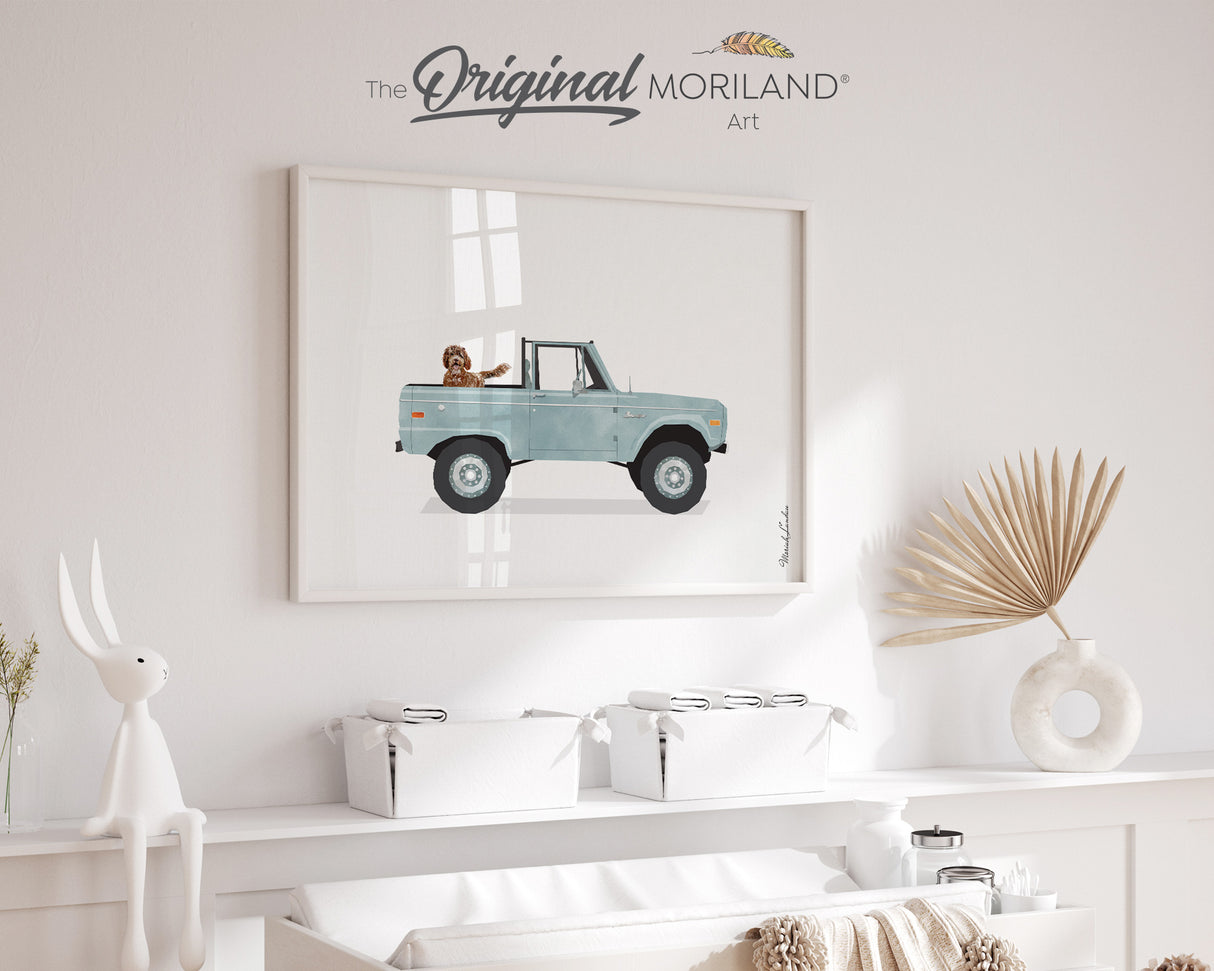 Pale Blue Classic Truck with Brown Goldendoodle Dog Print - Printable Art