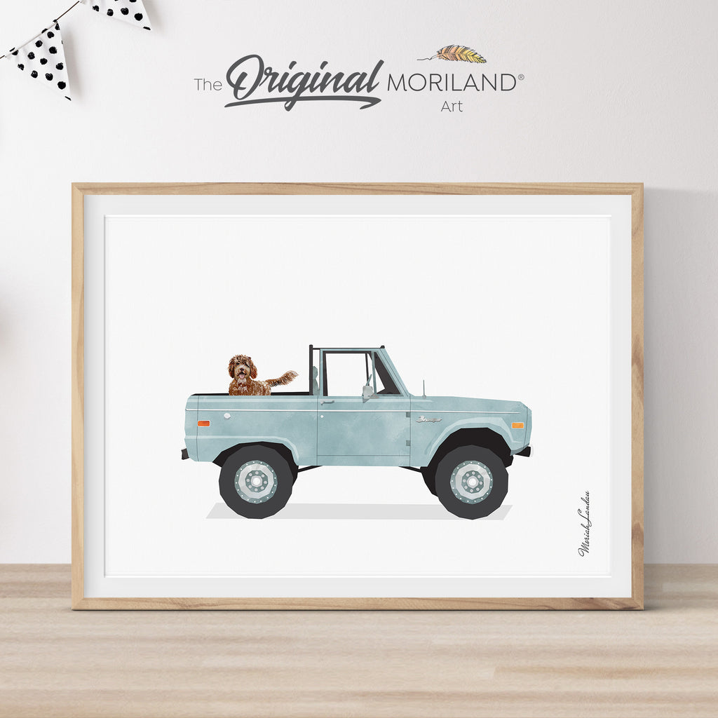 Pale Blue Classic Ford Bronco Truck with Brown Goldendoodle Dog Print - Printable Art