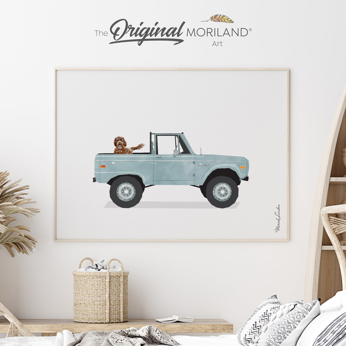 Pale Blue Classic Pickup Truck with Brown Goldendoodle Dog Fine Art Paper Print, Classic Ford Bronco