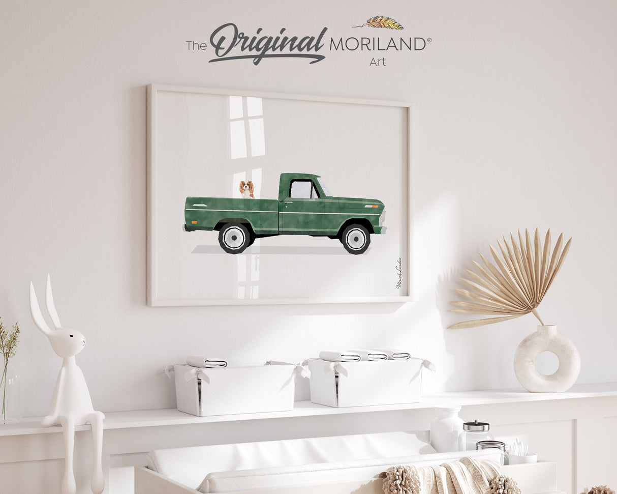 Green Classic Truck With Cavalier King Charles Spaniel Dog Print - Printable Art