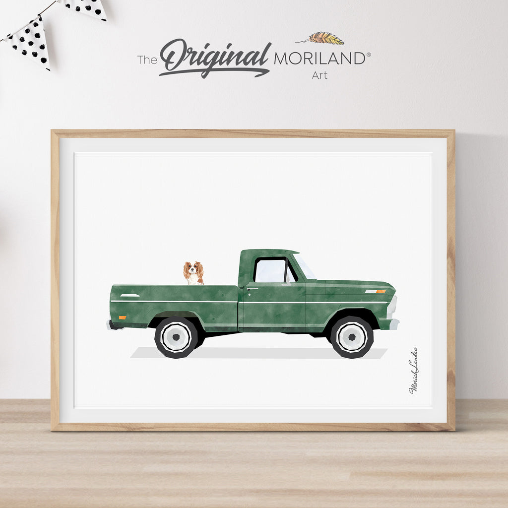 Green Classic Ford Ranger Truck With Cavalier King Charles Spaniel Dog Print - Printable Art