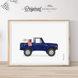 Dark Blue Classic Truck with Labradoodle Dog Holding American Flag Print - Printable Art