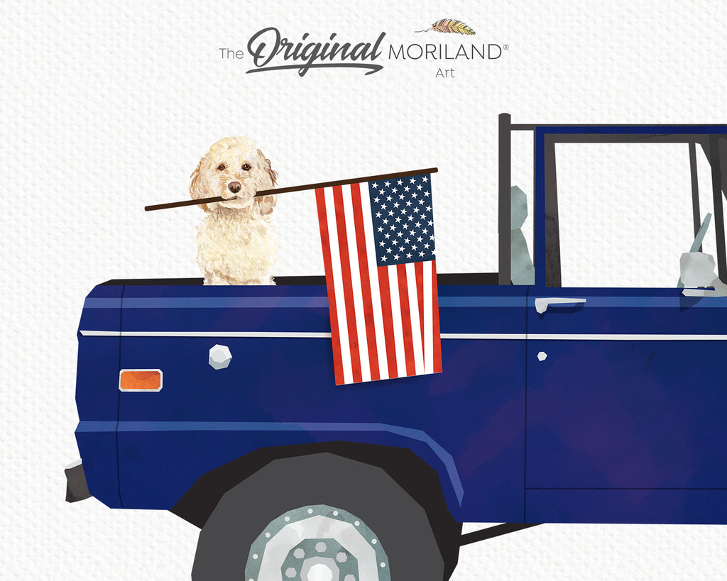 Dark Blue Classic Bronco Truck with Labradoodle Dog Holding American Flag Print - Printable Art, 4th of July Décor, Pet Gift, Boy Nursery Décor