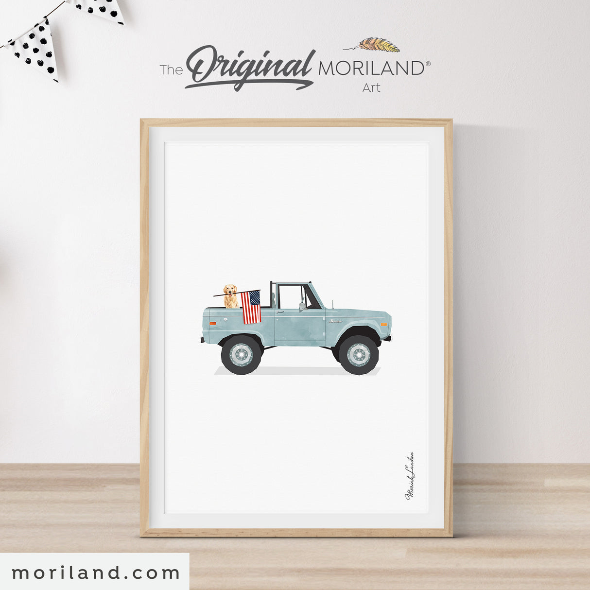 Pale Blue Classic Truck with Golden Retriever Dog Holding American Flag Print | Vertical - Printable Art