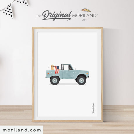 Pale Blue Classic Truck with Golden Retriever Dog Holding American Flag Print | Vertical - Printable Art