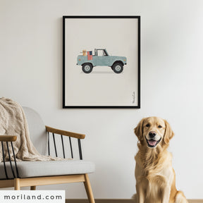 Vertical digital art print of a vintage pale blue truck with a Golden Retriever holding an American flag in the back. Patriotic USA 250 wall art for 4th of July by MORILAND®