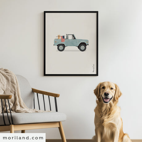 Patriotic Classic Truck with Golden Retriever Dog and American Flag - Printable Vertical Art