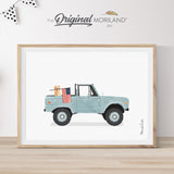 Pale Blue Classic Truck with Golden Retriever Dog Holding American Flag Print - Printable Art