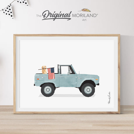 Pale Blue Classic Truck with Golden Retriever Dog Holding American Flag Print - Printable Art