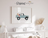 Pale Blue Classic Truck with Golden Retriever Dog Holding American Flag Print - Printable Art