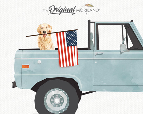 Pale Blue Classic Truck with Golden Retriever Dog Holding American Flag Print - Printable Art, 4th of July Decor, Boy Nursery Décor, Dog Memorial Gift