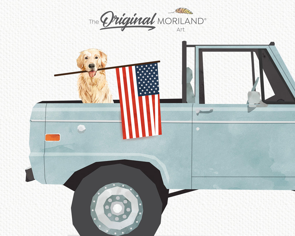 Pale Blue Classic Truck with Golden Retriever Dog Holding American Flag Print - Printable Art, 4th of July Decor, Boy Nursery Décor, Dog Memorial Gift