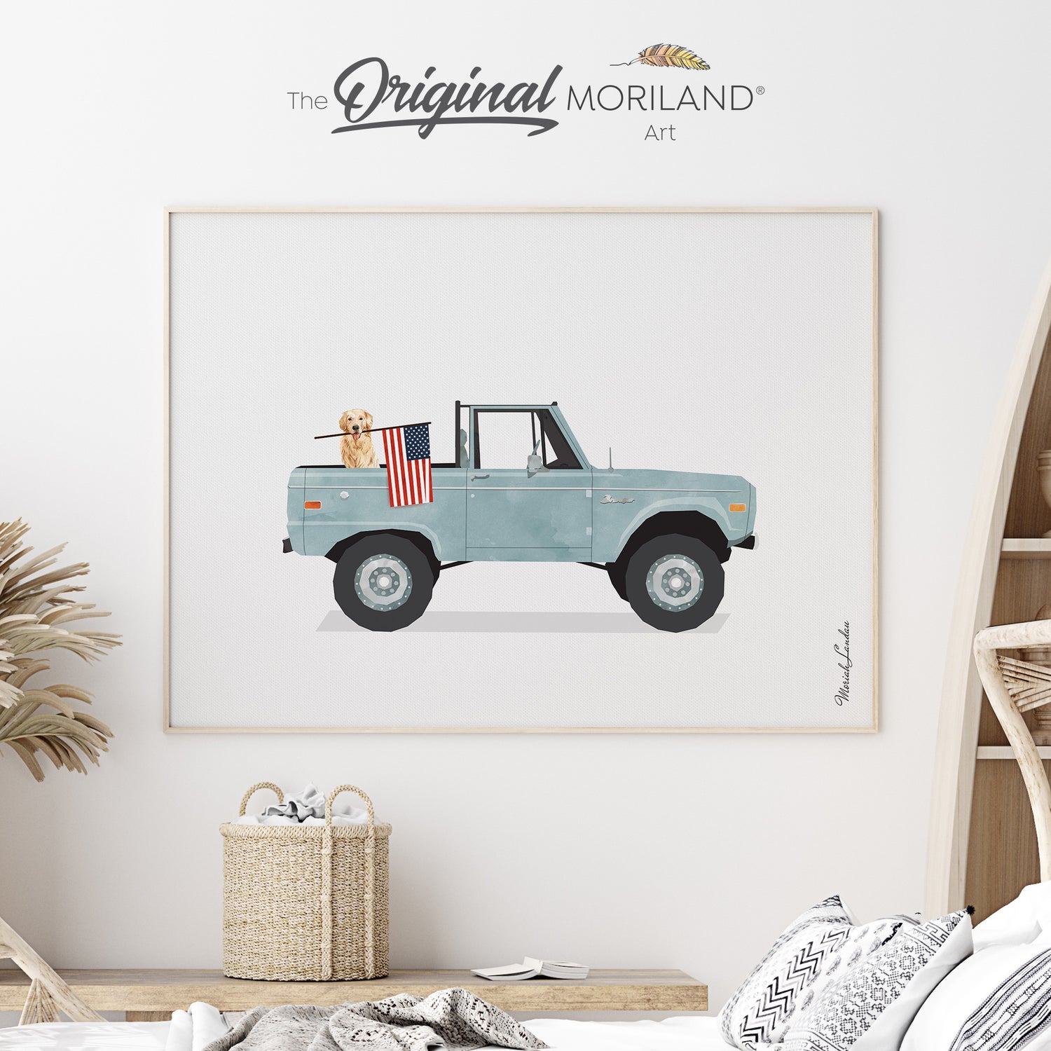 Pale blue classic truck with a golden retriever dog holding an American flag, perfect for kids' room, nursery, or dorm decor, fine art paper print.