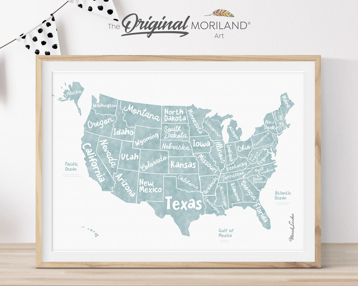 Educational pale blue United States map print for USA 250th birthday celebrations. Minimalist US map wall art by MORILAND®, perfect for 4th of July decor, Freedom 250 home styling, and nursery or classroom back-to-school posters.
