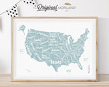 Educational pale blue United States map print for USA 250th birthday celebrations. Minimalist US map wall art by MORILAND®, perfect for 4th of July decor, Freedom 250 home styling, and nursery or classroom back-to-school posters.