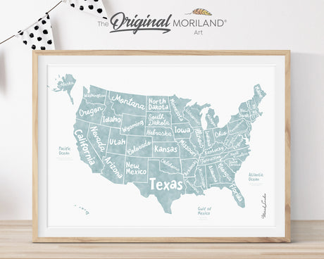 Educational pale blue United States map print for USA 250th birthday celebrations. Minimalist US map wall art by MORILAND®, perfect for 4th of July decor, Freedom 250 home styling, and nursery or classroom back-to-school posters.