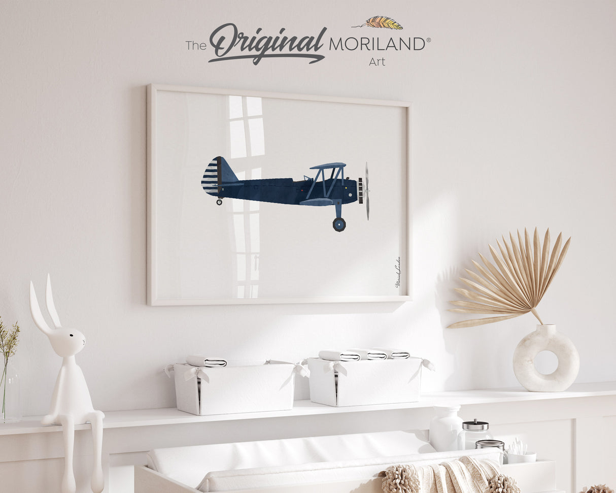 Navy Blue Vintage Biplane Print - Printable Art