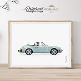 Classic Convertible Porsche 911 Pale Blue with Rottweiler Dog Print Poster Wall Art Boy Nursery Décor, Pet Loss Memorial Gift