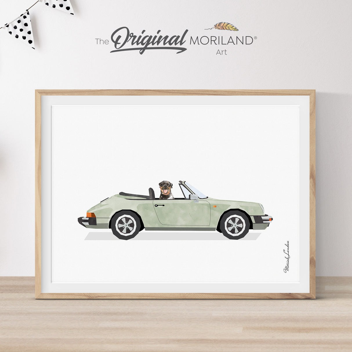 Sage Green Classic Porsche 911 Convertible Car with Rottweiler Dog Print - Printable Art