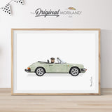 Sage Green Classic Porsche 911 Convertible Car with Rottweiler Dog Print - Printable Art