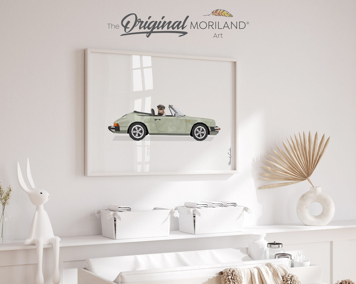 Sage Green Classic Convertible Car with Rottweiler Dog Print - Printable Art