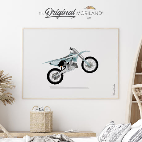 Pale Blue Wheelie Dirt Bike Wall Art - Fine-Art Print for Boys’ Nursery & Big Boy Room
