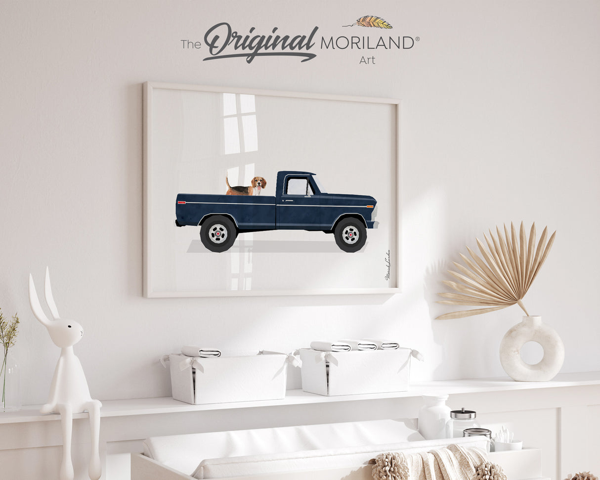 Navy Blue Classic Truck with Beagle Dog Print - Printable Art