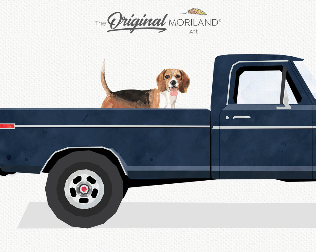 Navy Blue Classic Truck with Beagle Dog Print - Printable Art