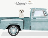 Pale Blue Old Classic Truck with White Golden Retriever Dog Print - Printable Art