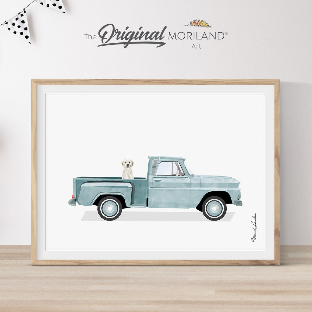 Pale Blue 1964 CHEVROLET C10 STEPSIDE Truck with White Golden Retriever Dog Print - Printable Art